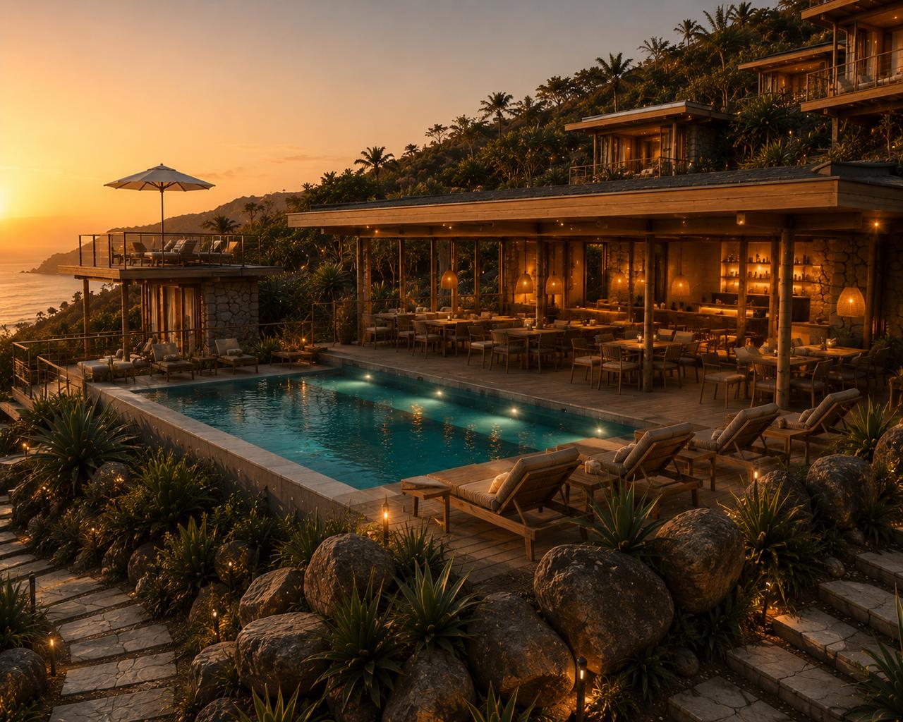 Pool and restaurant at golden hour